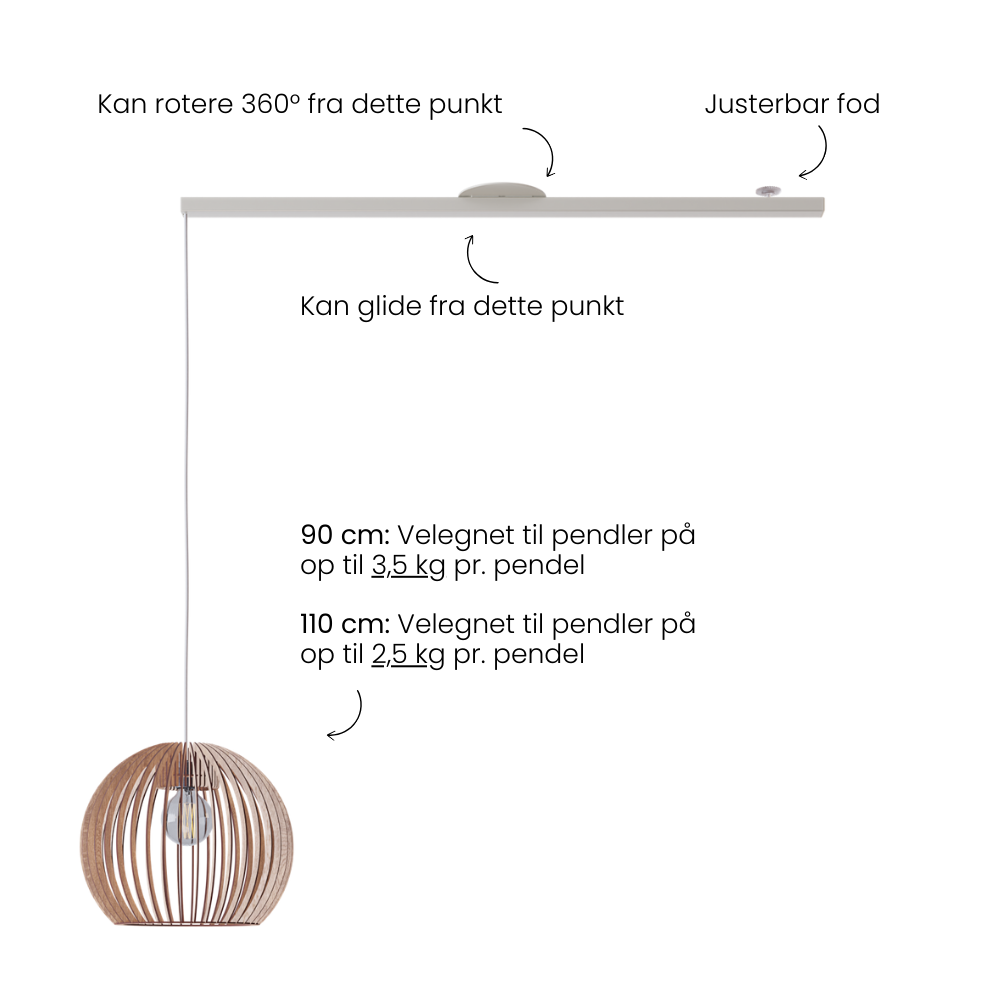 Lightswing produktbillede med tekst; - kan dreje 360 grader - justerbar fod - kan glide fra midten - 90 cm: egnet til pendler op til 3,5 kg - 110 cm: egnet til pendler op til 2,5 kg