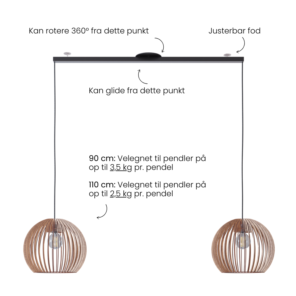 Lightswing produktbillede med tekst; - kan dreje 360 grader - justerbar fod - kan glide fra midten - 90 cm: egnet til pendler op til 3,5 kg - 110 cm: egnet til pendler op til 2,5 kg